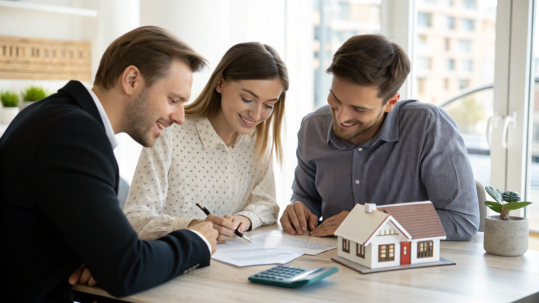 Homebuyers meeting trusted mortgage lender, reviewing documents to highlight why choosing the right mortgage lender is critical now.