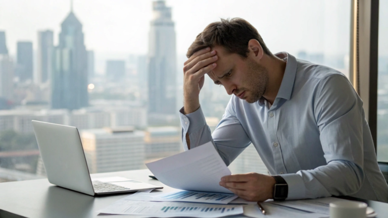 Illustration of a worried homeowner reviewing credit score impact after refinancing mortgage, with tips to protect credit.