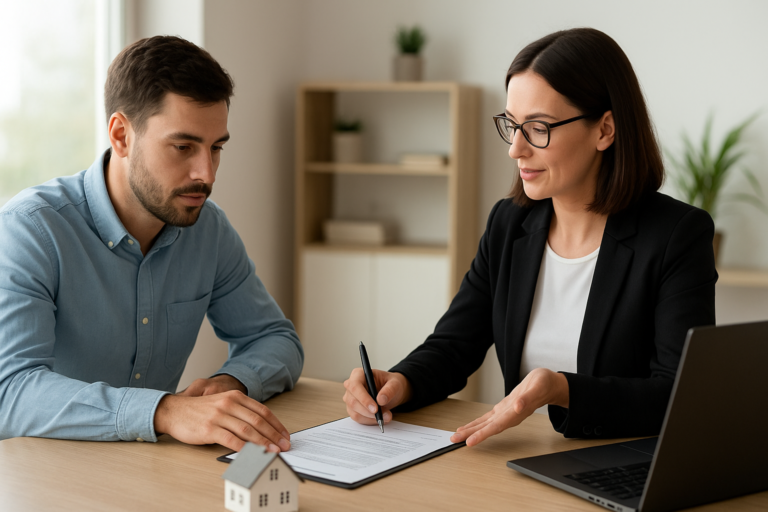 Homebuyer meeting with lender to discuss questions to ask a home loan lender, mortgage options, rates, timelines, and costs.