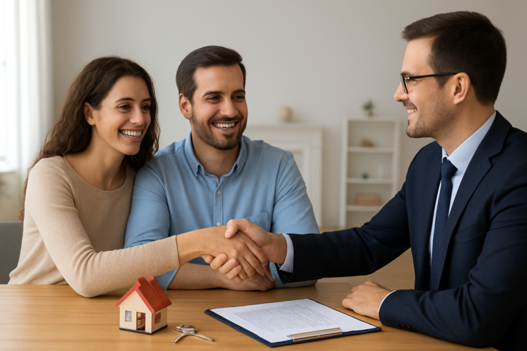 Couple shakes hands with agent at home closing, symbolizing key insights buyers and sellers need for a smooth property transfer.